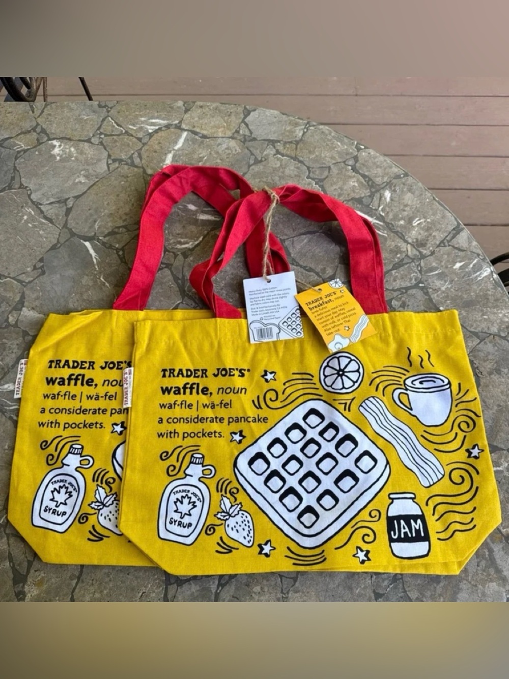 2 Limited Edition Trader Joe's Breakfast Waffle Toast Milk Reusable Tote Bags